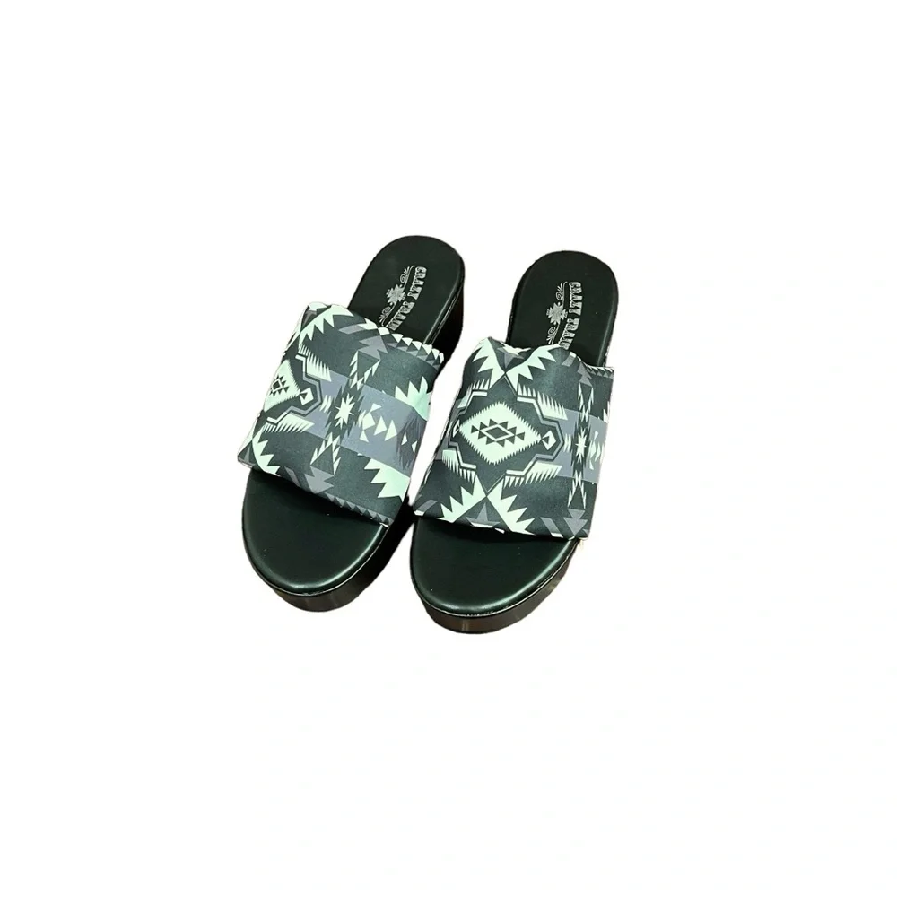 Crazy Train 90s Platty Aztec Bold Black & White Sandal Wedges Platform Slides 9 - Picture 2 of 8